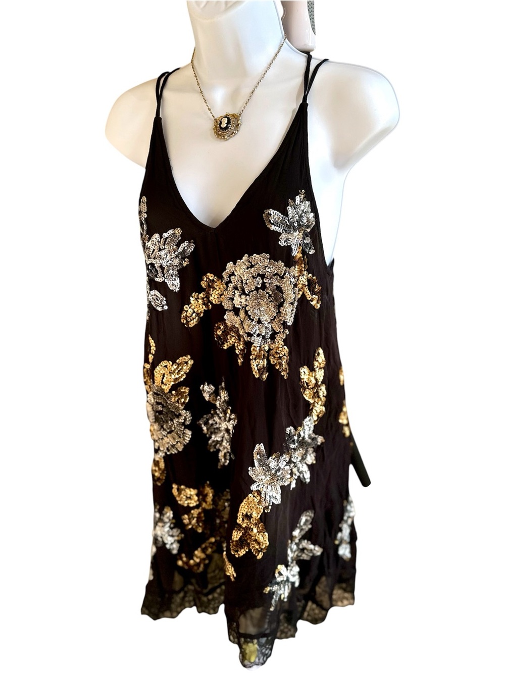 Free People Black Backless Slip Dress with Gold and Silver Floral Sequins - XS - Picture 2 of 13